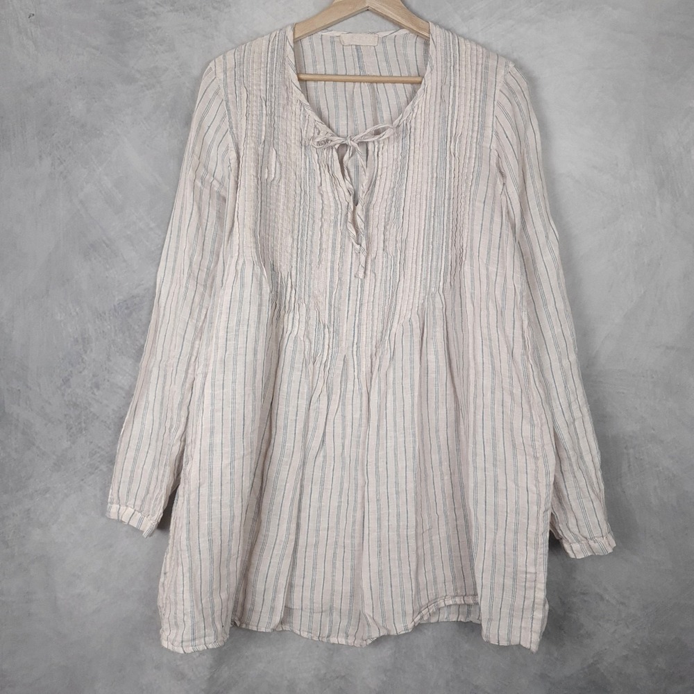 CP Shades Tunic Top Womens Small Pink Blue Stripe Linen Tie Neck Peasant